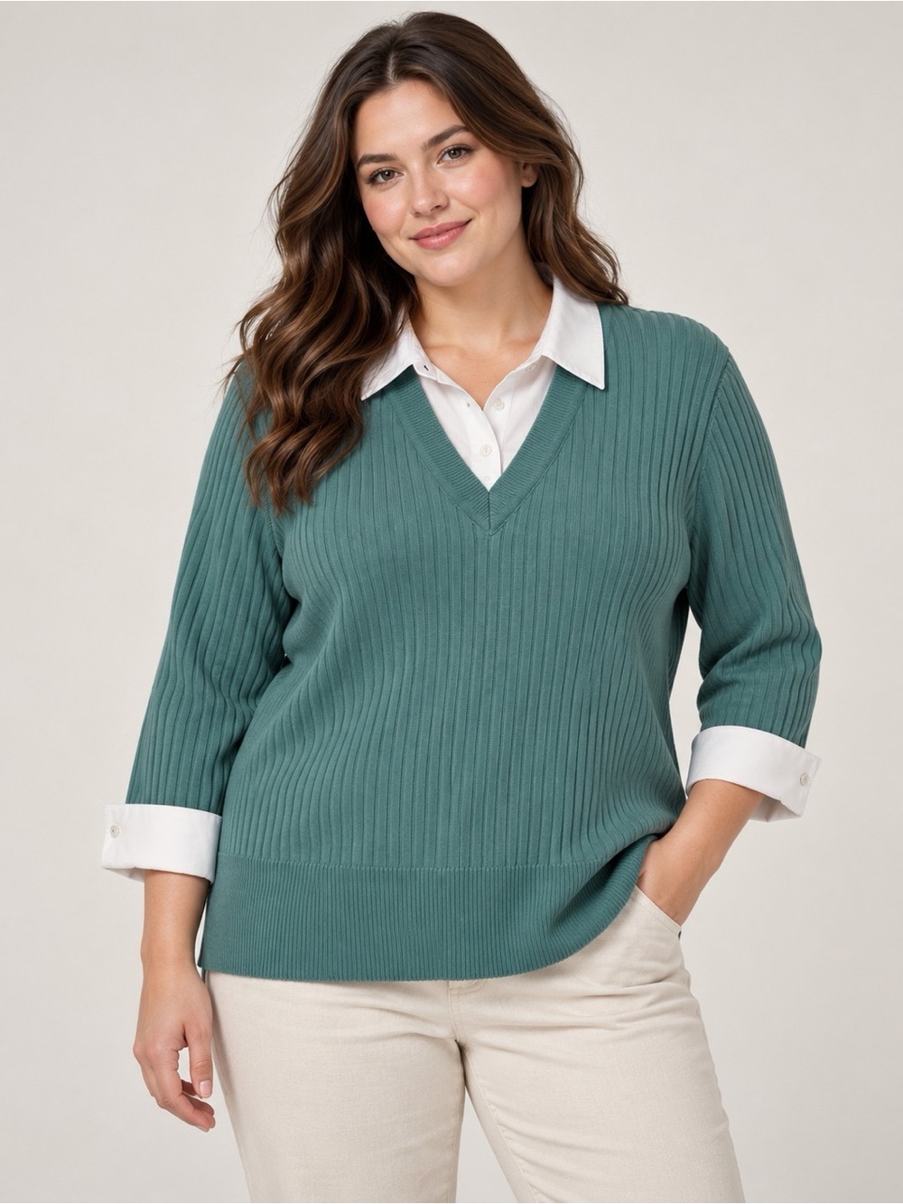 Van Heusen Women's V-Neck Ribbed Sweater in Teal Green